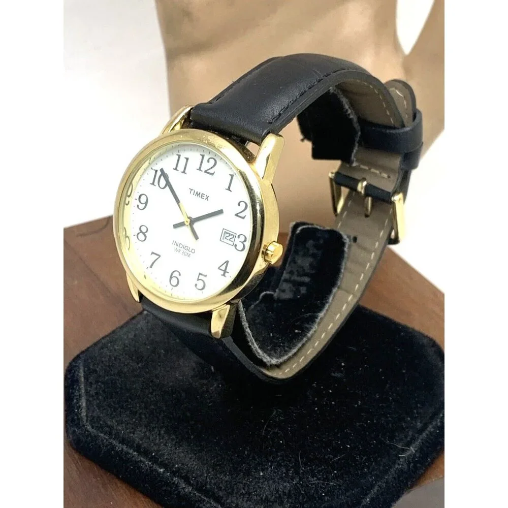 Timex Men's Watch T2H291 Quartz Indiglo Gold White Dial Black Leather Band 35mm